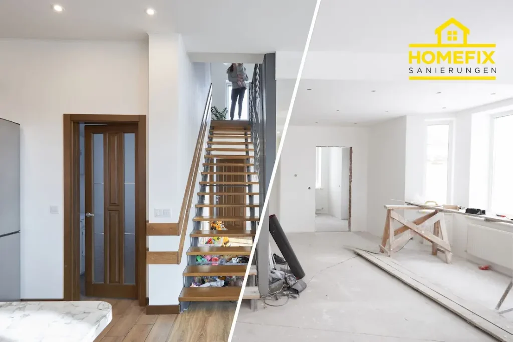 Vorher-Nachher-Bild einer hochwertigen Komplettsanierung in Mallorca mit moderner Treppe und renoviertem Wohnbereich – Homefix Sanierungen